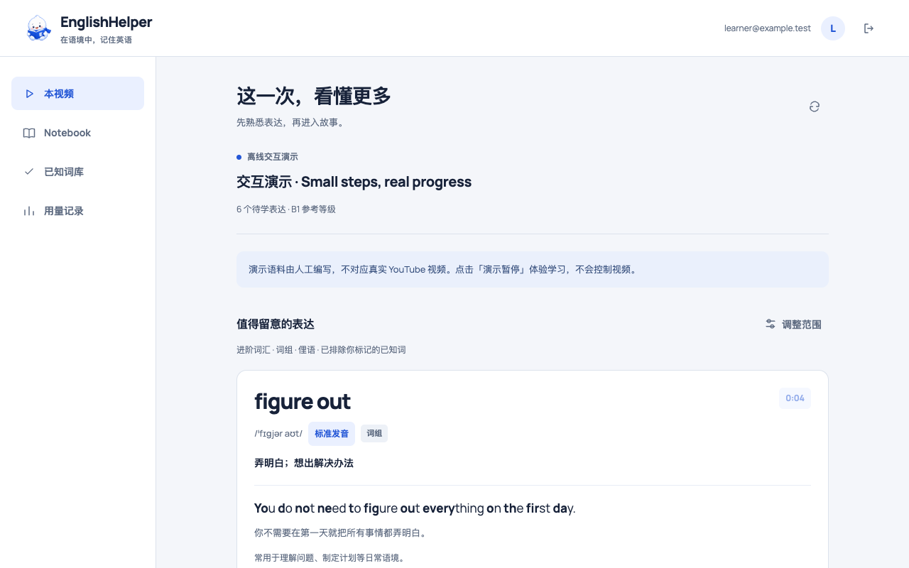 EnglishHelper showing pronunciation, meaning, source sentence and Chinese translation for figure out